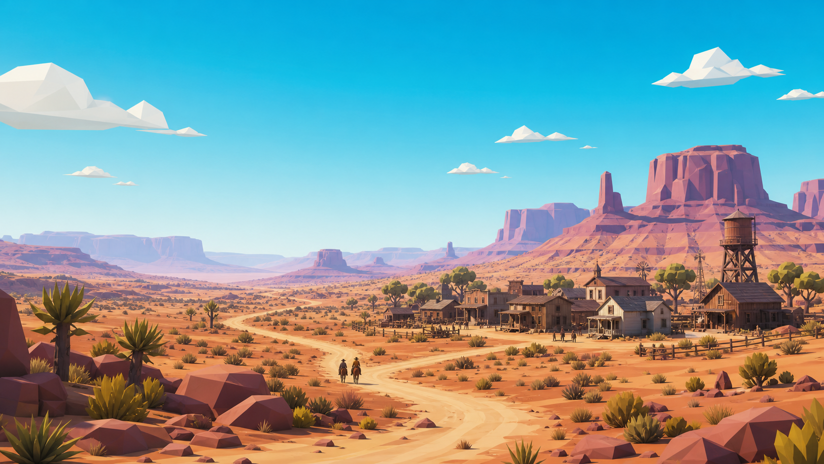 A sunlit low-poly view across the Hesperia frontier